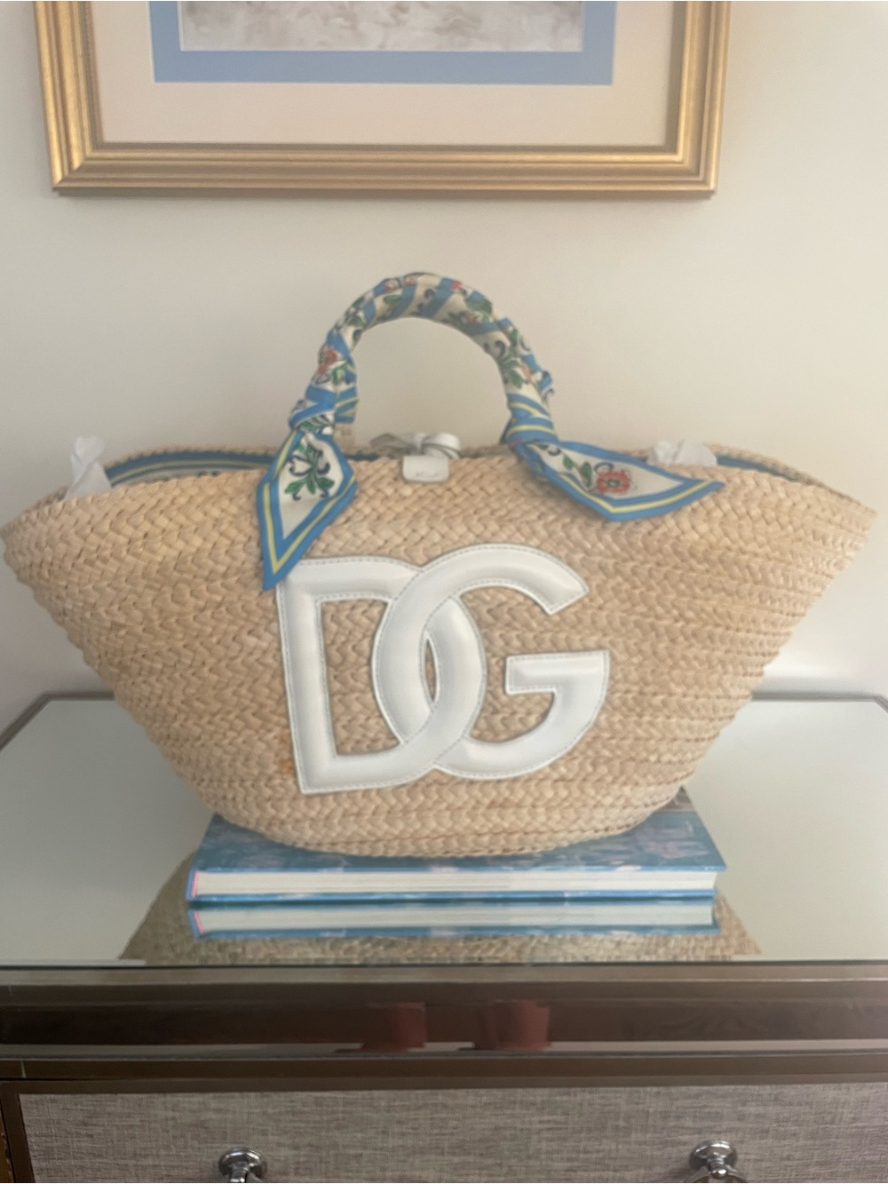 Dolce & Gabbana Natural Straw Tote with White DG Logo and Blue Scarf Detail